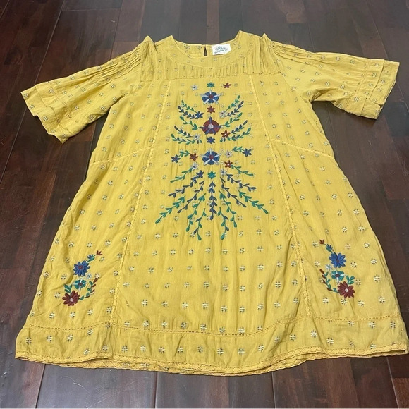 Oh My Stars Mustard Yellow Floral Embroidered Dress Women’s Size XL Boho Flowy - Picture 2 of 9